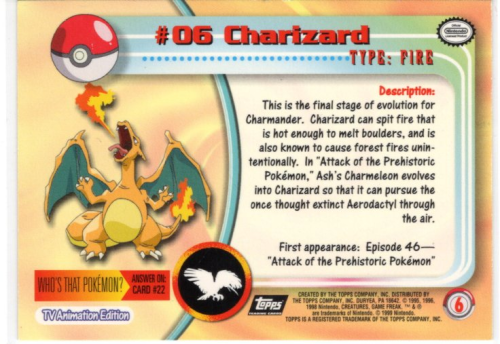 1999 Topps Pokemon TV Animation Series 1 Foil 6 Charizard NM MT