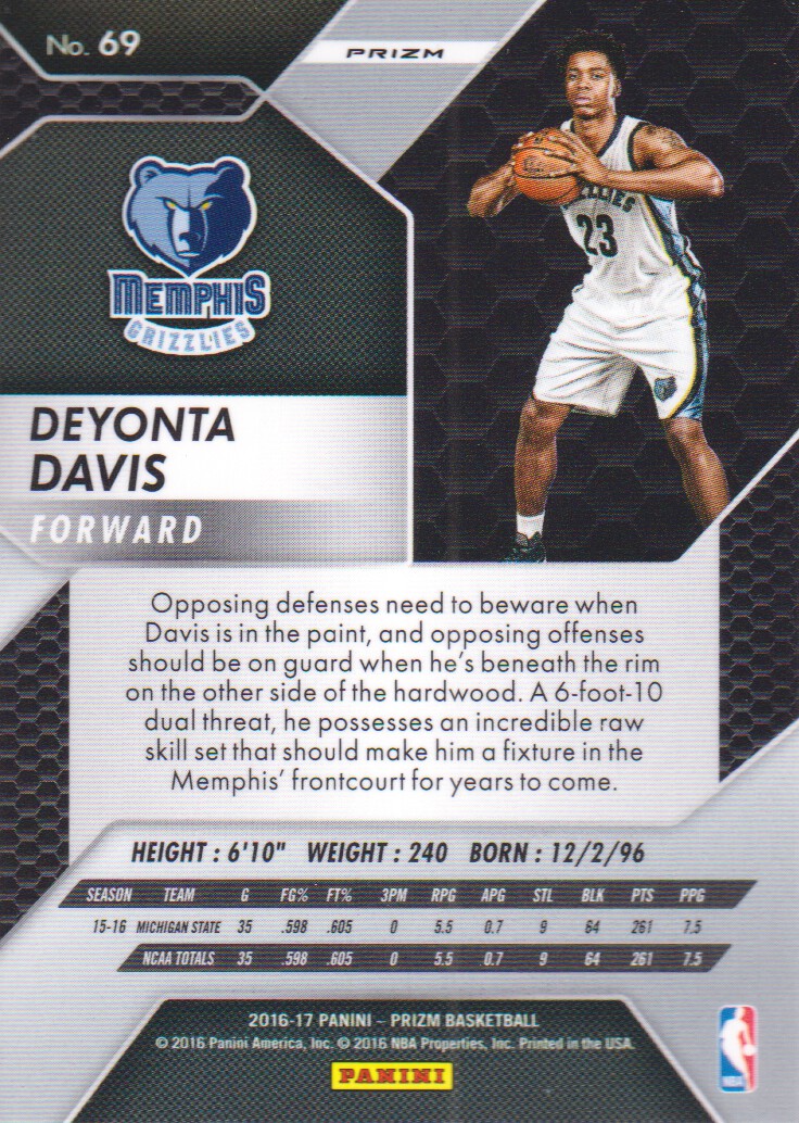 2016-17 panini prizm prizms starburst #69 deyonta davis memphis