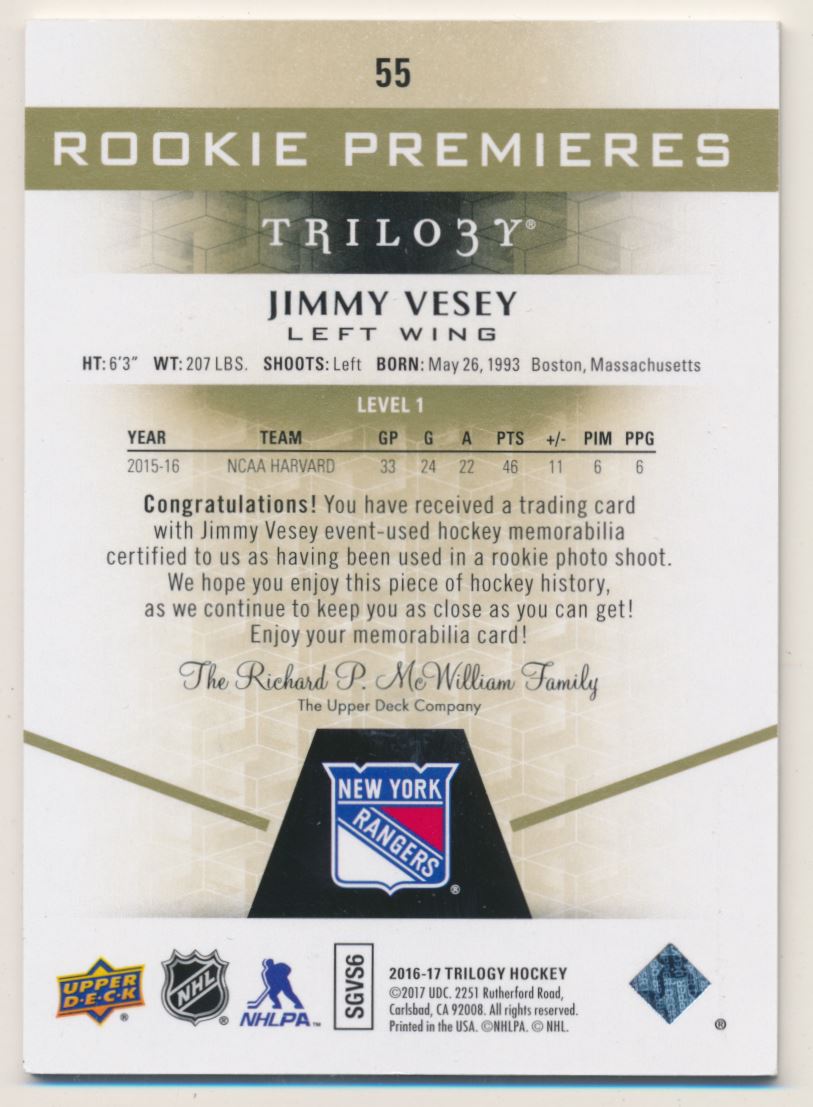 Upper Deck Trilogy Rainbow Green Jimmy Vesey Jsy Nm Mt