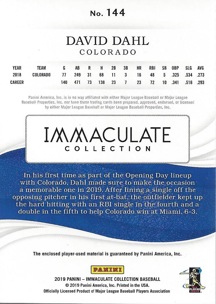 2019 Immaculate Collection 144 David Dahl JSY 99 NM MT