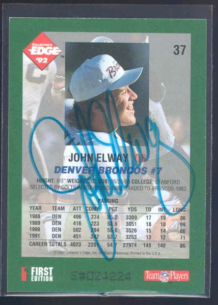 1992 Collector's Edge #AU37 John Elway AU/2500
