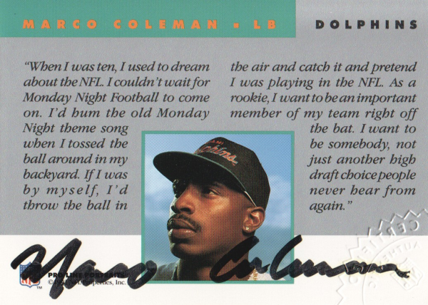 1992 Pro Line Portraits Autographs #22 Marco Coleman
