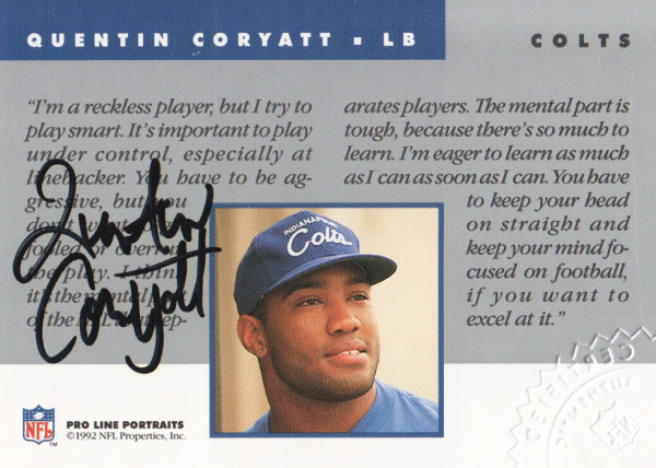1992 Pro Line Portraits Autographs #25 Quentin Coryatt