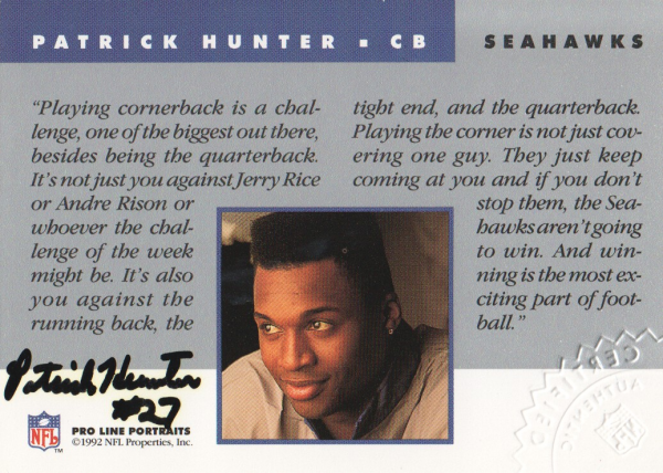 1992 Pro Line Portraits Autographs #72 Patrick Hunter