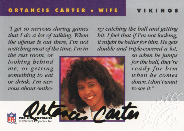 1992 Pro Line Portraits Wives Autographs #1 Ortancis Carter