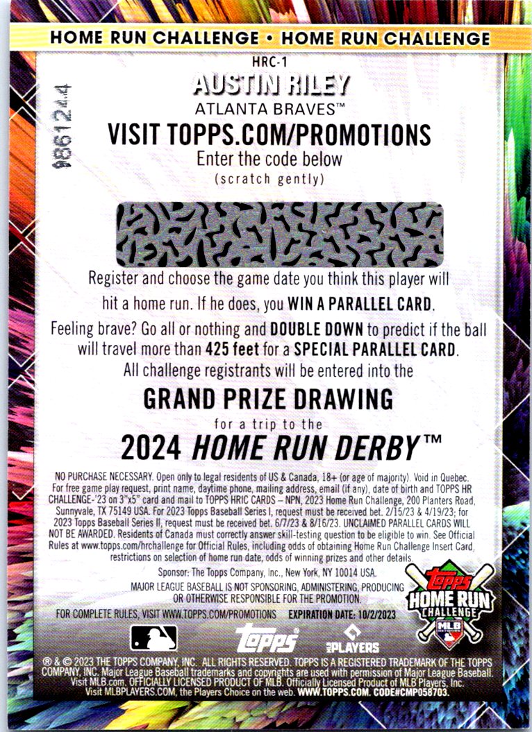 2023 Topps Home Run Challenge Code Cards HRC1 Austin Riley NM MT