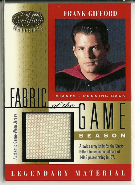 2001 Leaf Certified Materials Fabric of the Game #14SN Frank Gifford/51