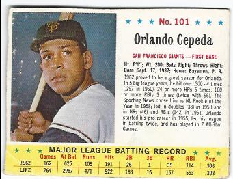 1963 Jello #101 Orlando Cepeda
