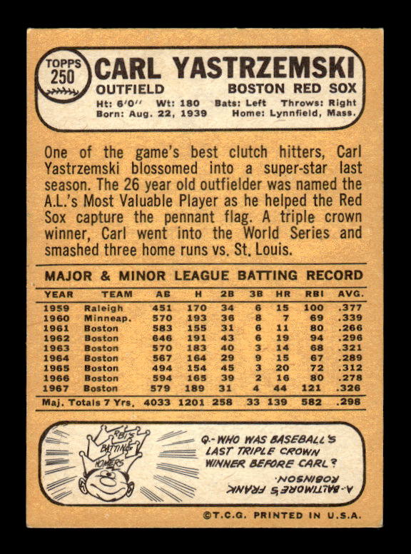 1968 Topps 250 Carl Yastrzemski VG EX Jim Steve S Sportscard