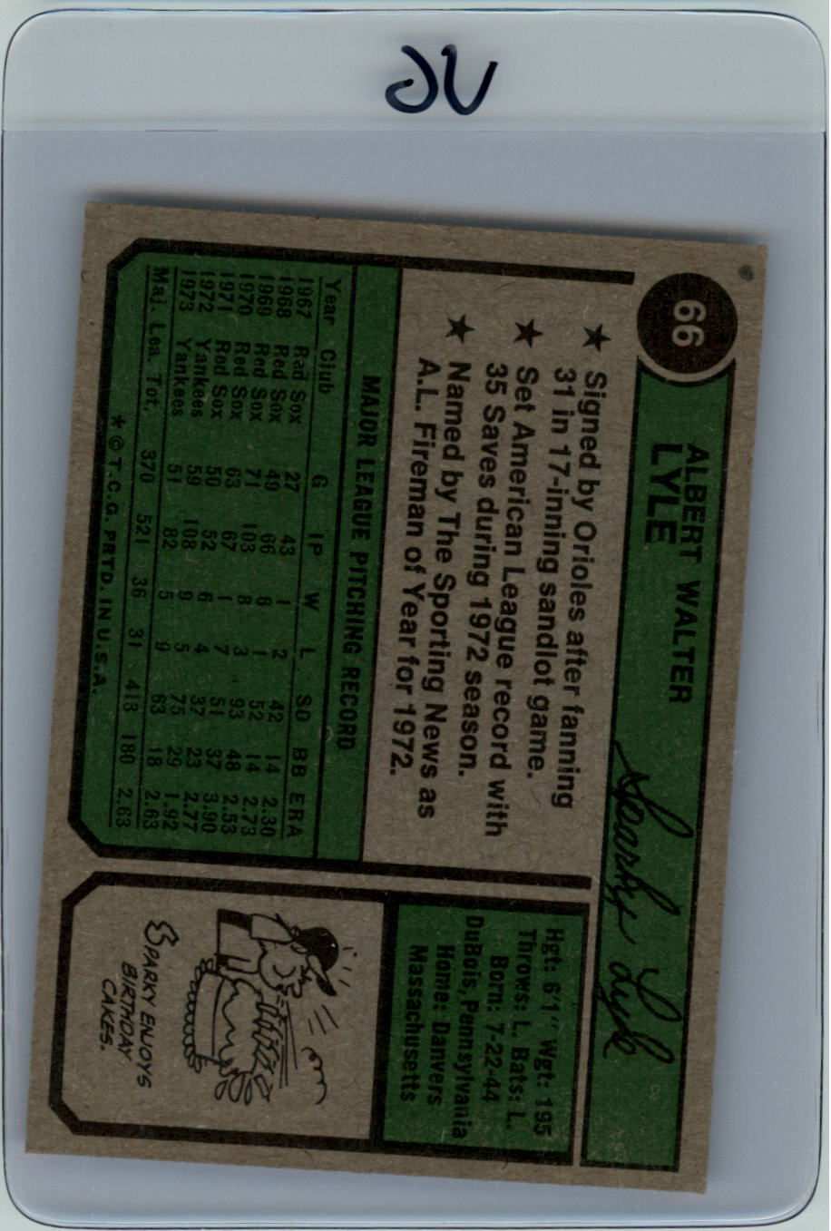 1974 Topps 66 Sparky Lyle VG Triple Play Sports Cards Beckett