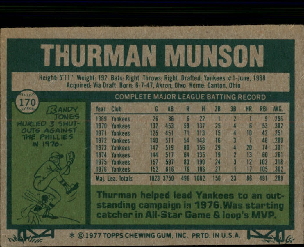 1977 Topps 170 Thurman Munson VG EX