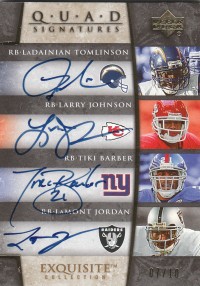 2006 Exquisite Collection Signature Quads #TJBJ LaDainian Tomlinson/Larry Johnson/Tiki Barber/LaMont Jordan front image
