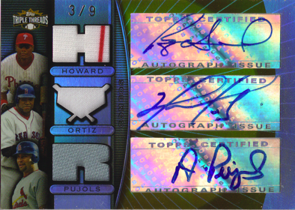 2007 Topps Triple Threads Relics Combos Autographs Gold #9 Ryan Howard/David Ortiz/Albert Pujols