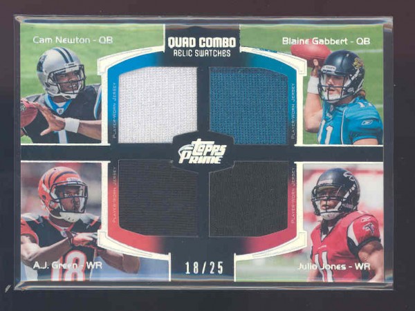 2011 Topps Prime Quad Relics Silver Holofoil #NGGJ Cam Newton/Blaine Gabbert/A.J. Green/Julio Jones