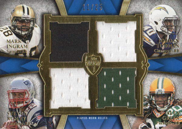 2011 Topps Supreme Rookie Relic Quad Combos #ITRG Mark Ingram/Jordan Todman/Stevan Ridley/Alex Green