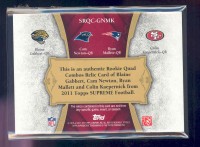 2011 Topps Supreme Rookie Relic Quad Combos Red #GNMK Blaine Gabbert/Cam Newton/Ryan Mallett/Colin Kaepernick back image