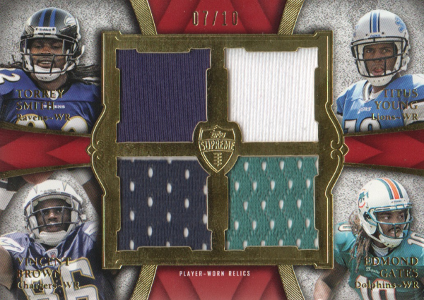 2011 Topps Supreme Rookie Relic Quad Combos Red #SYBG Torrey Smith/Titus Young/Vincent Brown/Edmond Gates