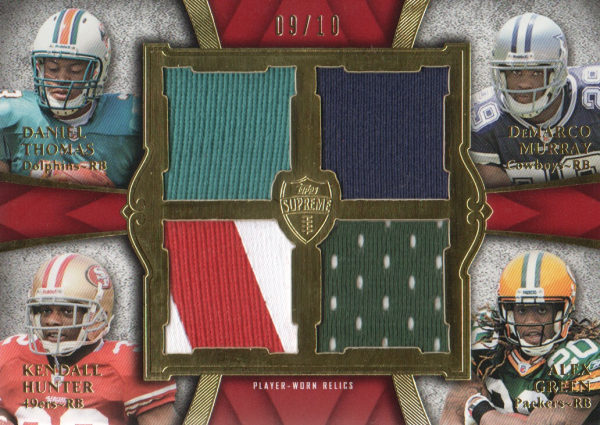 2011 Topps Supreme Rookie Relic Quad Combos Red #TMHG Daniel Thomas/DeMarco Murray/Kendall Hunter/Alex Green