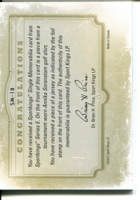 2012 Sportkings Single Memorabilia Silver #SM18 Annika Sorenstam back image