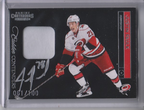 2011-12 Panini Contenders Patch Autographs #205 Justin Faulk/100