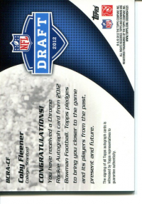 2012 Bowman Rookie Team Helmet Autographs Red Ink #BCRACF Coby Fleener back image