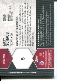 2012 Bowman Inside the Numbers Relic Autographs Patch #ITNARMSC Matt Schaub back image