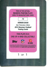 2012 Bowman Printing Plates Magenta #74 Vernon Davis back image