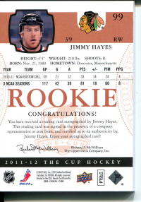 2011-12 The Cup #99 Jimmy Hayes AU RC back image