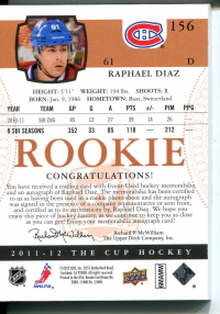 2011-12 The Cup Gold Rainbow #156 Raphael Diaz JSY AU/61 back image