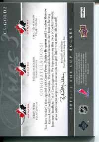 2011-12 The Cup Trios Jerseys #C3GOLD2 Corey Perry/Patrice Bergeron/Brenden Morrow back image