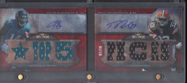 2012 Topps Triple Threads Autographed Relic Pairs #TTARP4 Justin Blackmon/Trent Richardson