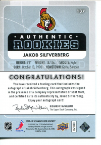 2012-13 SP Game Used Gold Autographs #137 Jakob Silfverberg back image