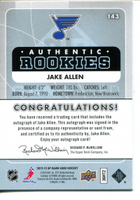 2012-13 SP Game Used Gold Autographs #143 Jake Allen back image
