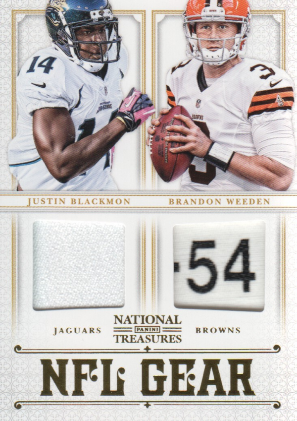 2012 Panini National Treasures NFL Gear Dual Player Materials Prime #13 Brandon Weeden/Justin Blackmon