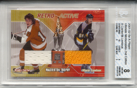 2001-02	BAP ULT. MEM. Mario Lemieux & Bobby Clarke Retro Active Dbl Jrsy Card (2 Colors) #d 13 of 25