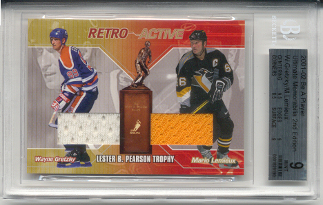 2001-02	BAP ULT. MEM. Mario Lemieux & Wayne Gretzky Retro Active Pearson Dbl Jrsy (Gold & White) /25