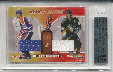 2001-02	BAP ULT. MEM. Mario Lemieux & Wayne Gretzky Retro Active Pearson Dbl Jrsy (Blue & White) /25