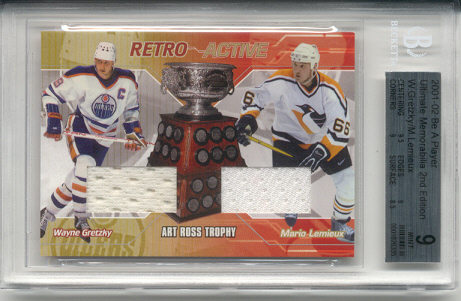 2001-02	BAP ULT. MEM. Mario Lemieux & Wayne Gretzky Retro Active Art Ross Dbl Jrsey Card #d 20 of 25