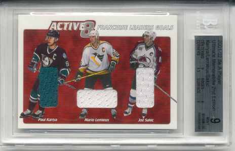 2001-02	BAP ULT. MEM. Mario Lemieux, Paul Kariya & Joe Sakic Active 8 Triple Jersey Card #d 12 of 30