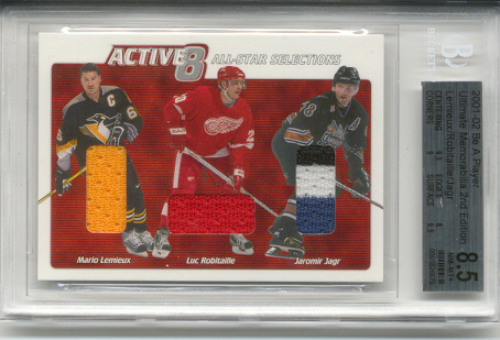2001-02	BAP ULT. MEM. M Lemieux, L Robitaille & J Jagr Active 8 Triple Jrsy (5 Clrs Total) #d of 30
