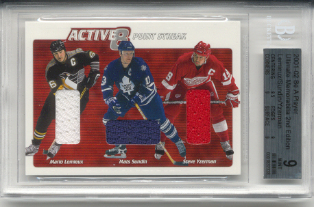 2001-02	BAP ULT. MEM. Mario Lemieux, Mats Sundin & Steve Yzerman Active 8 Triple Jrsy  #d 9 of 30