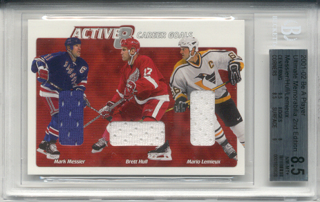2001-02	BAP ULT. MEM. Mario Lemieux, Brett Hull & Mark Messier Active 8 Triple Jersey Card #d of 30