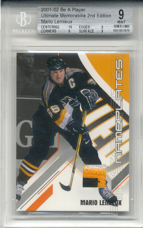 2001-02	BAP ULT. MEM. Mario Lemieux Nameplates Jersey Card (3 Colors- Mint BGS9) #d 7 of 50