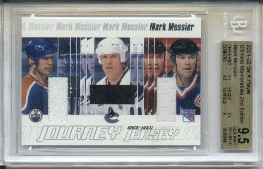 2001-02 Be A Player Ultimate Memorabilia Journey Jerseys #1 Mark Messier Triple Game-Used Jersey Card BGS Graded Gem Mint 9.5 Serial #31/50