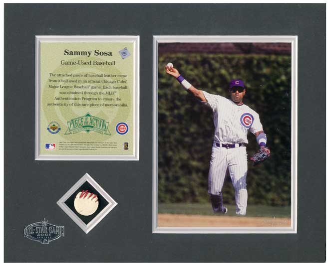 2001 All-Star Game Chicago Cubs Sammy Sosa UDA Piece of the Action Matted 8x10 with Game Used Baseball Piece, #/250 *** In Stock ***