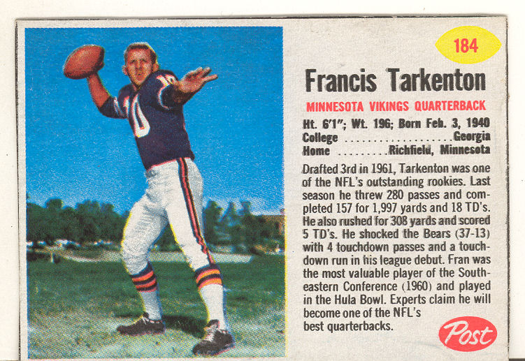 1962 Post Cereal #184 Fran Tarkenton