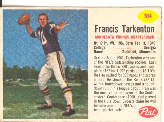 1962 Post Cereal #184 Fran Tarkenton