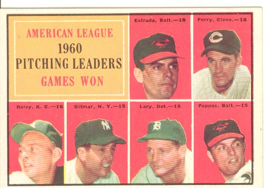 1961 Topps #48 AL Pitching Leaders/Chuck Estrada/Jim Perry UER/(Listed as an Oriole)/Bud Daley/Art Ditmar/Frank Lary/Milt Pappas