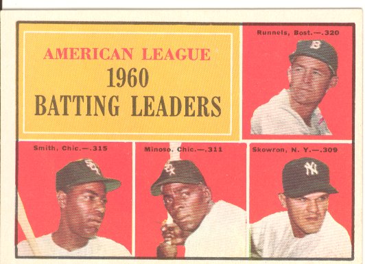1961 Topps #42 AL Batting Leaders/Pete Runnels/Al Smith/Minnie Minoso/Bill Skowron