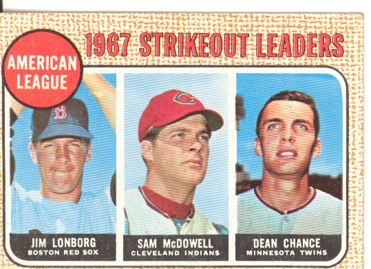 1968 Topps #12 AL Strikeout Leaders/Jim Lonborg UER/(Misspelled Longberg/on card back)/Sam McDowell/Dean Chance